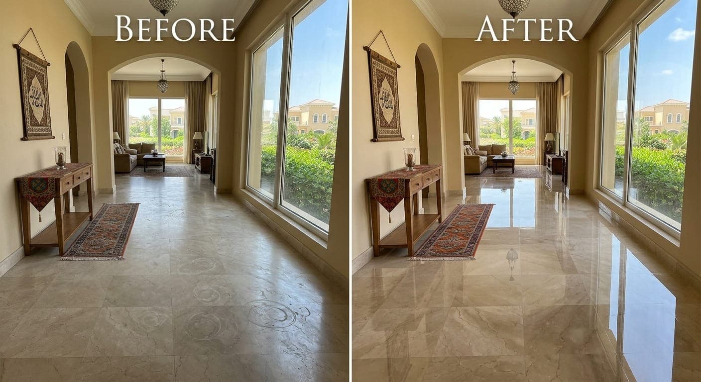 Etched, dull marble floor restored to a mirror-gloss finish in a Dubai villa — before and after Maawa move-out restoration