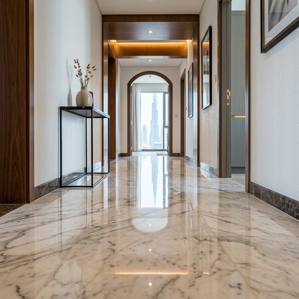 Downtown Dubai apartment after restoration — Etched, dull marble ground and polished back to a high-gloss finish.